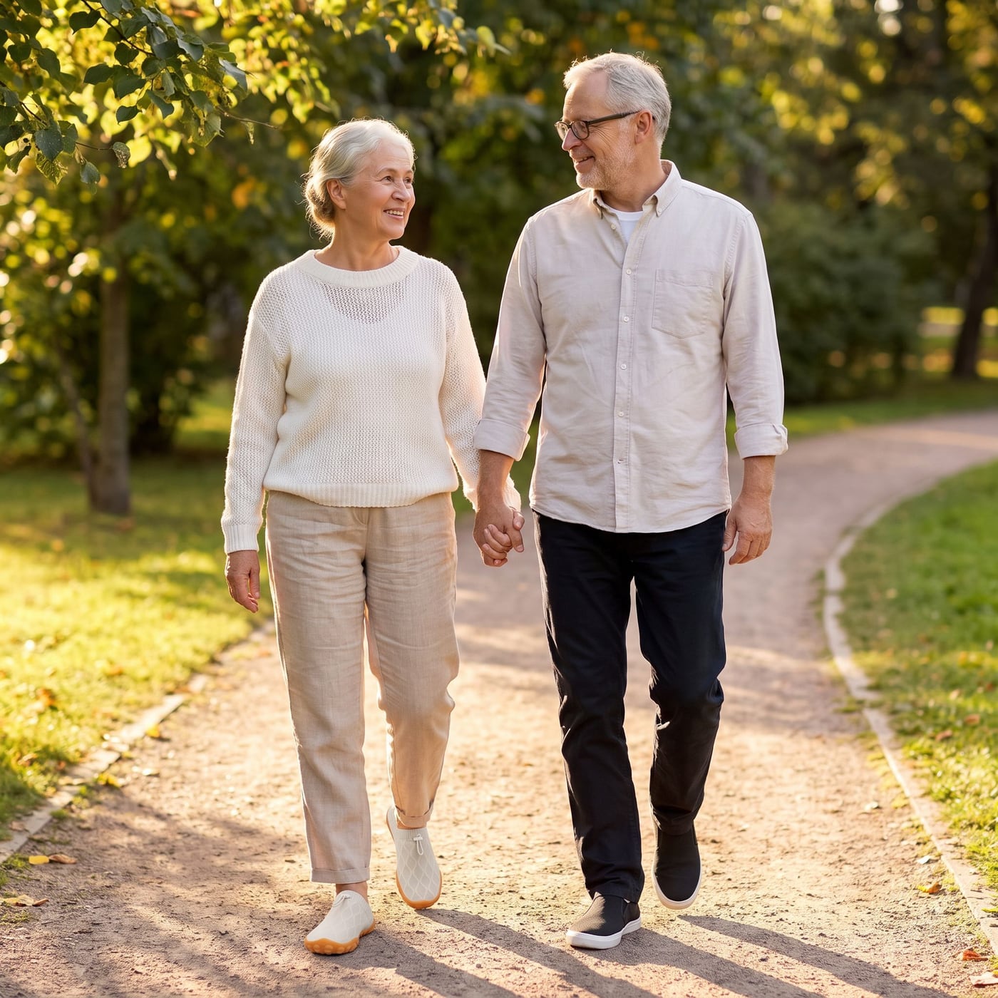 Couple walking in a park, she wears off-white StrideFlex Wide shoes