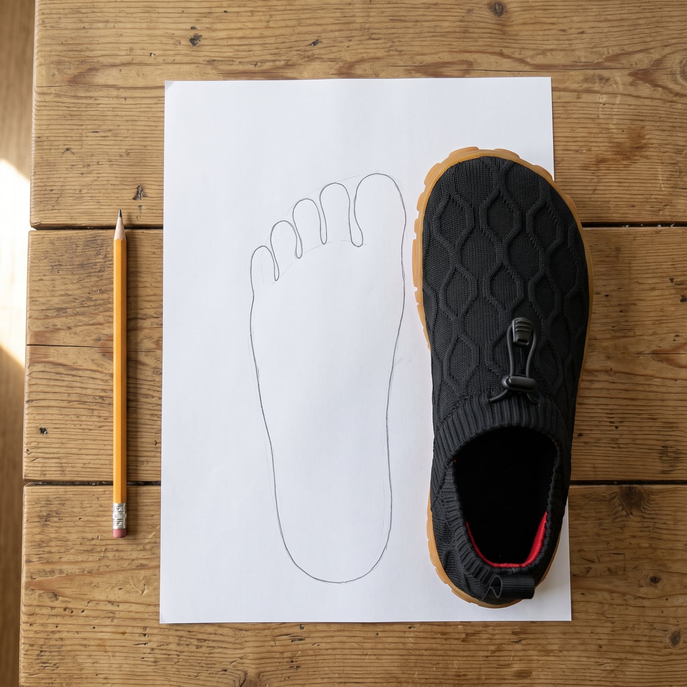 A StrideFlex Wide shoe next to a traced foot outline on paper