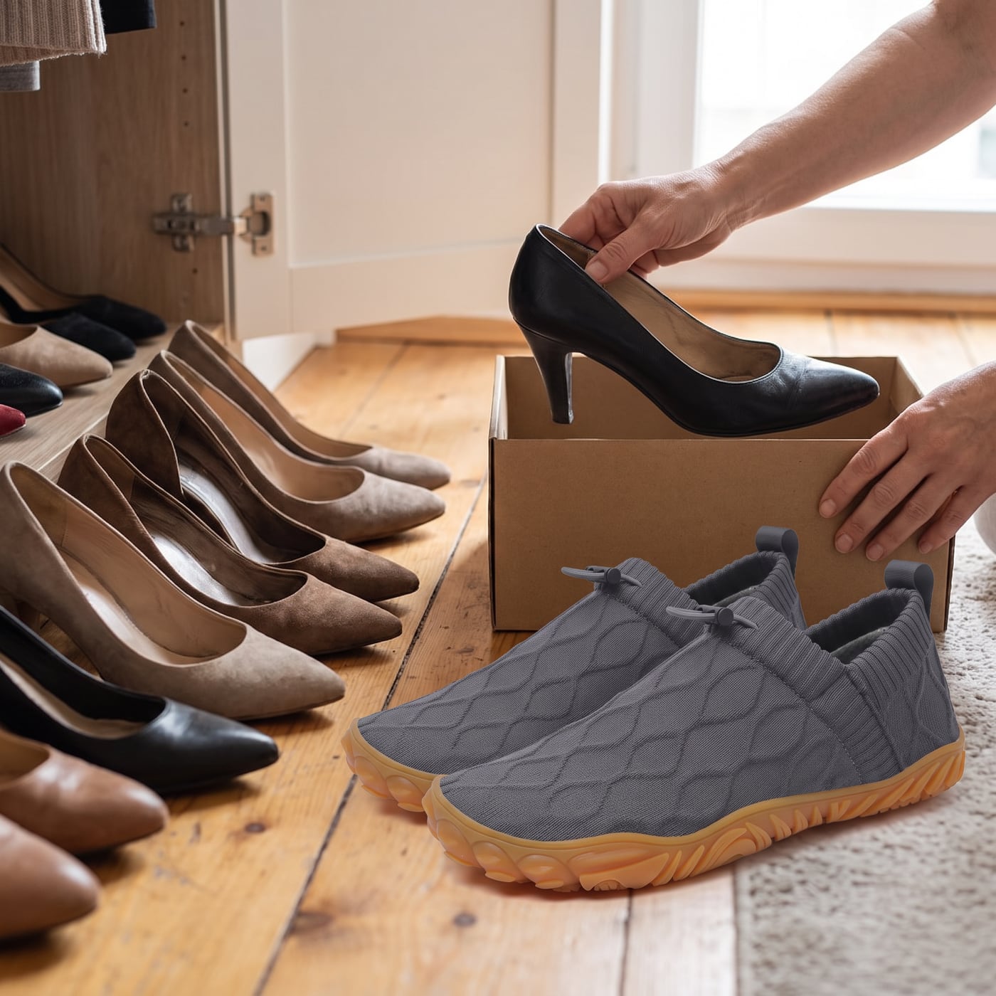 Old narrow heels going into a donation box next to grey StrideFlex Wide shoes