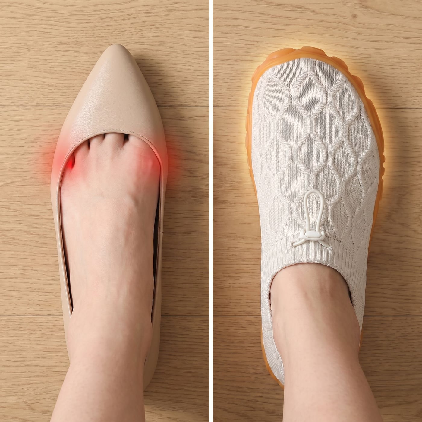 A foot squeezed into a narrow flat next to a foot in a StrideFlex Wide shoe
